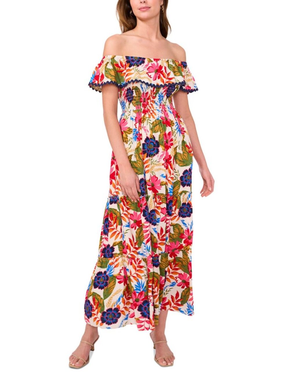 MSK Womens Floral Print Maxi Dress 2X Off Shoulder Ruffle Neckline Elastic Waist